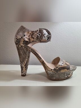 Franco Sarto Snakeskin Platform Ankle-Strap Heels in Tan and Deep Grey-brown 6M